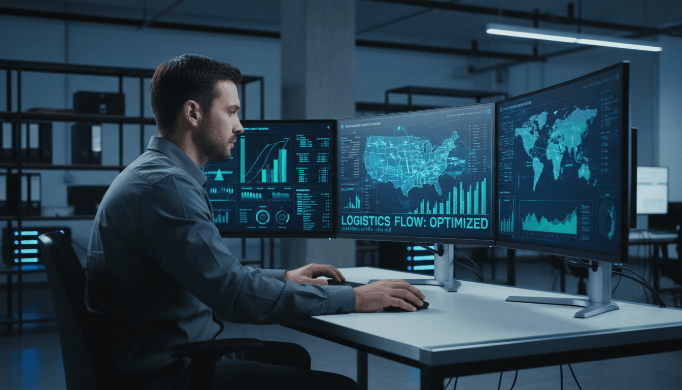 Freight broker analyzing AI-powered customer data on computer monitors