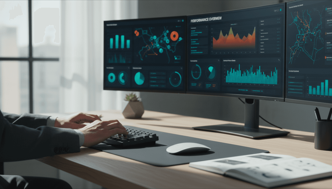 Freight broker reviewing AI customer opportunity data on computer monitors